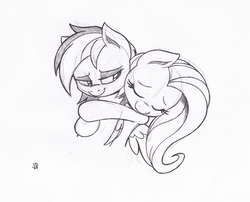 Size: 739x596 | Tagged: safe, artist:joey darkmeat, fluttershy, rainbow dash, pony, g4, female, hug, lesbian, monochrome, ship:flutterdash, shipping, traditional art