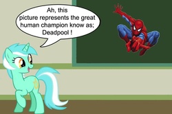 Size: 887x588 | Tagged: safe, lyra heartstrings, pony, unicorn, g4, chalkboard, crossover, deadpool, human studies101 with lyra, male, meme, spider-man