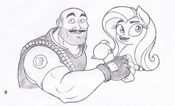 Size: 1102x669 | Tagged: safe, artist:joey darkmeat, fluttershy, human, pegasus, pony, g4, crossover, duo, fake eyebrows, fake moustache, heavy weapons guy, looking at you, monochrome, team fortress 2, traditional art