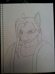 Size: 306x408 | Tagged: safe, fluttershy, anthro, g4, armor, bust, flutterguy, male, monochrome, portrait, rule 63, scar, simple background, traditional art, white background