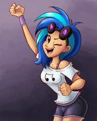 Size: 1200x1500 | Tagged: safe, artist:ric-m, dj pon-3, vinyl scratch, human, g4, bra strap, clothes, cute, female, humanized, off shoulder, one eye closed, shorts, solo, vinylbetes, wink
