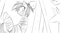 Size: 1280x705 | Tagged: safe, artist:sweethd, daring do, pony, g4, bondage, female, gag, monochrome, mummification, mummified, sarcophagus, solo, tape gag