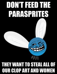 Size: 1000x1294 | Tagged: safe, parasprite, g4, caption, don't feed the parasprite, image macro, text, trollface