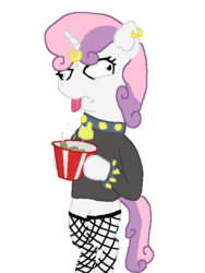 Size: 480x640 | Tagged: safe, artist:vapor-tea, sweetie belle, pony, unicorn, semi-anthro, g4, ear piercing, earring, female, horn, horn piercing, jewelry, kfc, meanie belle, piercing, simple background, solo, tongue out, transparent background