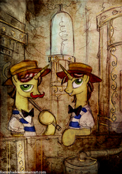 Size: 700x997 | Tagged: safe, artist:foxinshadow, flam, flim, pony, unicorn, g4, brothers, duo, duo male, flim flam brothers, male, stallion, steampunk