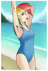 Size: 900x1321 | Tagged: dead source, safe, artist:sallymon, rainbow dash, human, g4, armpits, beach, breasts, clothes, female, humanized, multicolored hair, one-piece swimsuit, rainbow hair, solo, stretching, swimsuit