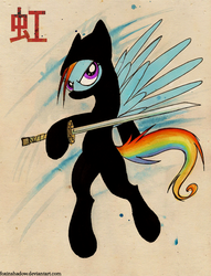 Size: 686x900 | Tagged: safe, artist:foxinshadow, rainbow dash, pegasus, pony, g4, abstract background, clothes, costume, female, mare, ninja, simple background, solo, sword, weapon