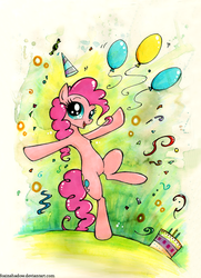 Size: 723x1000 | Tagged: safe, artist:foxinshadow, pinkie pie, pony, g4, balloon, cake, female, hat, party hat, solo, streamers
