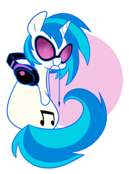 Size: 600x810 | Tagged: safe, artist:egophiliac, dj pon-3, vinyl scratch, pony, unicorn, g4, abstract background, cable, female, headphones, looking back, mouth hold, smiling, solo