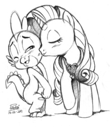 Size: 866x1000 | Tagged: safe, artist:pokelai, rarity, spike, dragon, pony, unicorn, g4, black and white, cheek kiss, female, grayscale, interspecies, kissing, male, monochrome, ship:sparity, shipping, straight, traditional art