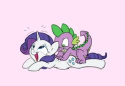 Size: 801x550 | Tagged: safe, artist:carnifex, rarity, spike, dragon, pony, unicorn, g4, back scratching, female, interspecies, lying down, male, massage, misleading thumbnail, prone, scratching, ship:sparity, shipping, straight