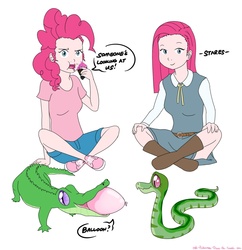 Size: 1237x1280 | Tagged: safe, artist:frankier77, gummy, pinkie pie, snake, ask pinkamena diane pie, g4, ask, duality, humanized, pinkamena diane pie, tumblr