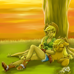 Size: 1000x1000 | Tagged: safe, applejack, human, pony, g4, applejack's hat, boots, cowboy boots, cowboy hat, hat, human ponidox, humanized