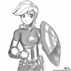 Size: 850x850 | Tagged: safe, artist:johnjoseco, applejack, human, g4, captain america, cosplay, costume, female, grayscale, humanized, monochrome, solo