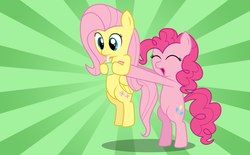 Size: 1277x793 | Tagged: safe, artist:linkitch, artist:speccysy, fluttershy, pinkie pie, earth pony, pegasus, pony, g4, .svg available, bipedal, cute, duo, eyes closed, flutterjuice, holding a pony, hoof hold, it's dangerous to go alone, juice box, open mouth, smiling, sunburst background, vector