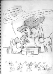 Size: 747x1024 | Tagged: safe, artist:docwario, applejack, pinkie pie, twilight sparkle, fish, pony, g4, dead, monochrome, traditional art, wat