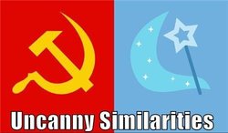 Size: 500x292 | Tagged: safe, trixie, g4, cannot unsee, communism, cutie mark, derpibooru logo, hammer and sickle, soviet, soviet union, trixie's cutie mark, uncanny