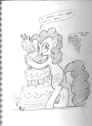 Size: 747x1024 | Tagged: safe, artist:docwario, fluttershy, pinkie pie, earth pony, pegasus, pony, g4, cake, dancing, dialogue, duo, female, food, hug, looking at you, mare, monochrome, pencil drawing, solo focus, speech bubble, traditional art