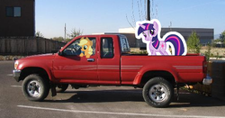Size: 669x350 | Tagged: safe, applejack, twilight sparkle, earth pony, pony, unicorn, g4, applejack truck, cardboard twilight, female, irl, mare, photo, ponies in real life, truck, unicorn twilight
