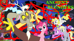 Size: 1199x666 | Tagged: safe, derpy hooves, discord, pinkie pie, screwball, surprise, oc, oc:nyx, pegasus, pony, fanfic:past sins, g1, g4, ancient blunders, female, from ponibooru, g1 to g4, generation leap, mare
