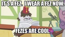 Size: 1277x719 | Tagged: safe, edit, edited screencap, screencap, truffle shuffle, earth pony, pony, g4, ponyville confidential, background pony, colt, fez, hat, image macro, male, newspaper, solo focus