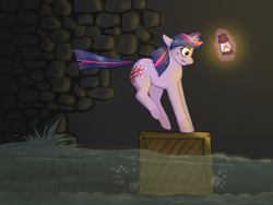 Size: 796x598 | Tagged: dead source, safe, artist:chibi-chicken88, twilight sparkle, pony, unicorn, g4, amnesia: the dark descent, crate, cut, female, injured, kaernk, lantern, levitation, magic, mare, solo, telekinesis