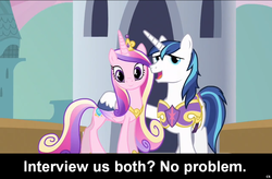 Size: 1024x673 | Tagged: safe, princess cadance, shining armor, alicorn, pony, unicorn, comic:celestia's servant interview, g4, caption, duo, female, interview, male, mare, stallion