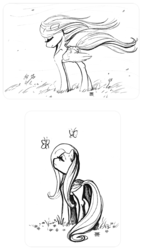 Size: 700x1233 | Tagged: dead source, safe, artist:cosmicunicorn, fluttershy, butterfly, pegasus, pony, g4, butt, eyes closed, female, mare, monochrome, plot, sketch, windswept mane