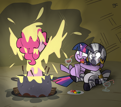 Size: 1123x999 | Tagged: safe, artist:grilledcat, pinkie pie, twilight sparkle, zecora, earth pony, pony, unicorn, zebra, g4, cauldron, female, fondue, hug, lesbian, ship:twicora, shipping, trio, unicorn twilight