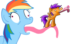 Size: 745x466 | Tagged: safe, pinkie pie, rainbow dash, scootaloo, g4, female, impossibly long tongue, tongue out, wat