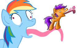 Size: 745x466 | Tagged: safe, pinkie pie, rainbow dash, scootaloo, earth pony, pegasus, pony, g4, female, impossibly long tongue, mare, simple background, tongue out, transparent background, wat