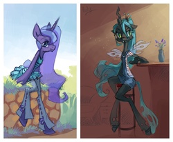 Size: 4764x3934 | Tagged: dead source, safe, artist:holivi, princess luna, queen chrysalis, changeling, changeling queen, anthro, g4, arm hooves, bipedal, clothes, dress, female, outfit, ponytail, skinny, thin