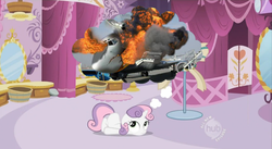 Size: 851x468 | Tagged: safe, sweetie belle, g4, daydream, explosion, hub logo, plane