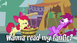 Size: 640x360 | Tagged: safe, edit, edited screencap, screencap, apple bloom, berry punch, berryshine, earth pony, pony, call of the cutie, g4, season 1, apple basket, apple bloom's bow, apron, bag, basket, book, bow, bushel basket, butt scootin', clothes, dialogue, duo, female, filly, foal, food, hair bow, implied, leaning, lidded eyes, looking at someone, market, pie, saddle bag, scared, tent, text