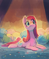 Size: 1067x1280 | Tagged: safe, artist:purplekecleon, pinkie pie, g4, balloon, confetti, cute, cuteamena, pinkamena diane pie, sad