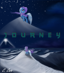 Size: 1280x1440 | Tagged: safe, artist:c-cain, trixie, pony, unicorn, g4, cape, clothes, desert, hat, journey, looking at something, moonlight, night, poster, pyramid, stars, trixie's cape, trixie's hat