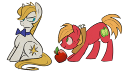 Size: 795x460 | Tagged: safe, artist:egophiliac, big macintosh, prince blueblood, earth pony, pony, g4, apple, bowtie, cute, duo, duo male, frown, glare, grumpy, looking back, male, simple background, sitting, smiling, stallion, transparent background