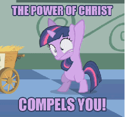 Size: 387x362 | Tagged: safe, edit, edited screencap, screencap, twilight sparkle, pony, g4, the cutie mark chronicles, animated, bipedal, blank flank, cropped, exorcism, exorcist, female, filly, filly twilight sparkle, foal, gif, image macro, purple text, solo, the exorcist, younger
