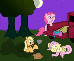 Size: 1200x1000 | Tagged: safe, artist:wolferahm, applejack, fluttershy, pinkie pie, earth pony, pegasus, pony, g4, corpse, dead, digging, female, implied murder, mare, moon, mouth hold, shovel, tree, truck