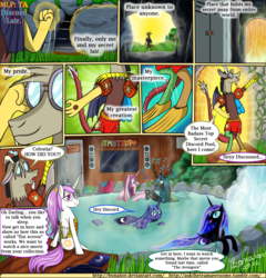 Size: 1600x1664 | Tagged: safe, artist:bonaxor, discord, nightmare moon, princess cadance, princess celestia, princess luna, queen chrysalis, oc, oc:dream, alicorn, changeling, changeling queen, draconequus, pony, g4, cave, clothes, comic, female, male, mare, swimming, swimsuit, television, water wings, wet mane