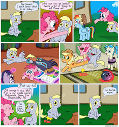 Size: 850x909 | Tagged: safe, artist:fadri, ahuizotl, allie way, applejack, derpy hooves, pinkie pie, rainbow dash, twilight sparkle, pegasus, pony, comic:and that's how equestria was made, g4, bored, bowling, cake, comic, female, food, hoof on cheek, mare, smiling, throwing cake