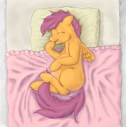 Size: 1280x1286 | Tagged: safe, artist:ratwhiskers, scootaloo, pegasus, pony, ask pregnant scootaloo, g4, abdominal bulge, bed, cute, female, filly, pillow, pregnant, pregnant foal, pregnant scootaloo, solo, teen pregnancy