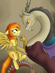 Size: 1600x2133 | Tagged: source needed, useless source url, safe, artist:spittfireart, discord, spitfire, draconequus, pegasus, pony, g4, brown background, captured, duo, simple background, spitcord