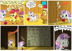 Size: 850x609 | Tagged: safe, artist:fadri, apple bloom, scootaloo, sweetie belle, comic:and that's how equestria was made, g4, comic, cutie mark crusaders, evil laugh, female, gay, lesbian, love poison, love potion, male, shipper on deck, shipping, shipping chart, shipping wall, straight, sweetie the shipper