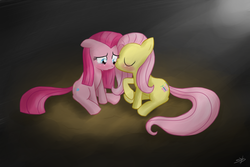 Size: 1000x666 | Tagged: safe, artist:speccysy, fluttershy, pinkie pie, g4, blushing, female, kissing, lesbian, sad, ship:flutterpie, shipping