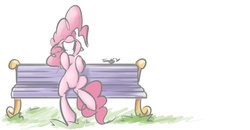 Size: 868x453 | Tagged: safe, artist:skygracer, pinkie pie, earth pony, pony, g4, bench, female, grin, sitting, smiling, solo
