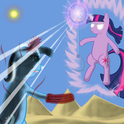 Size: 3000x3000 | Tagged: safe, artist:paintdrinkingpete, trixie, twilight sparkle, pony, g4, duo, fight, glowing eyes, high res