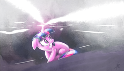 Size: 1024x587 | Tagged: safe, artist:sevour, twilight sparkle, pony, unicorn, g4, blank flank, female, gritted teeth, magic, scared, solo
