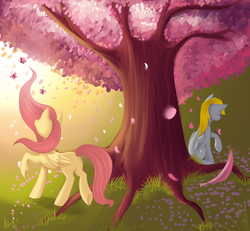 Size: 1082x1000 | Tagged: safe, artist:ls_skylight, derpy hooves, fluttershy, pegasus, pony, g4, butt, cherry blossoms, duo, eyes closed, female, mare, plot, sitting, tree, under the tree