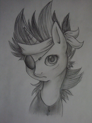 Size: 750x1000 | Tagged: dead source, safe, artist:ls_skylight, twilight sparkle, pony, g4, bandana, bust, eyepatch, female, future twilight, grayscale, looking at you, metal gear, pencil drawing, portrait, simple background, solo, traditional art